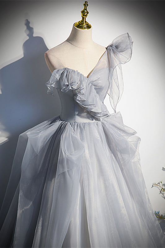 Grey A-line Asymmetrical Ruffle Lace-Up Back Long Formal Dress