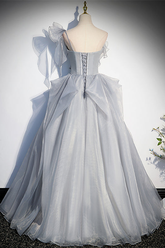 Grey A-line Asymmetrical Ruffle Lace-Up Back Long Formal Dress