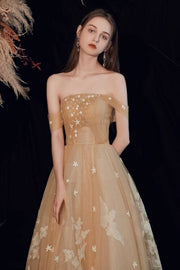 Gold Off the Shoulder Long Prom Dress with White Stars