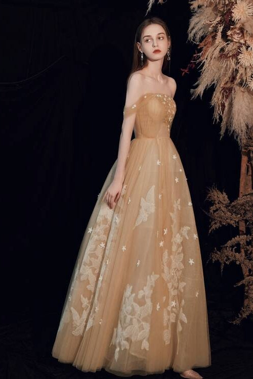 Gold Off the Shoulder Long Prom Dress with White Stars