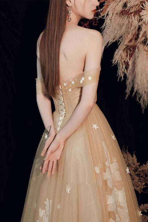 Off-Shoulder Tulle A-Line Appliques Party Prom Dress Gold / US 10 Off-Shoulder Tulle A-Line Appliques Party Prom Dress Gold / US 10