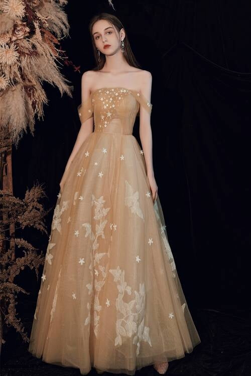 Gold Off the Shoulder Long Prom Dress with White Stars