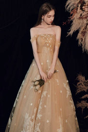 Gold Off the Shoulder Long Prom Dress with White Stars