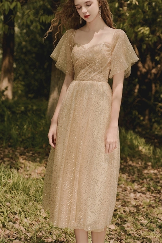 Gold Tea Length Dress with Flutter Sleeves