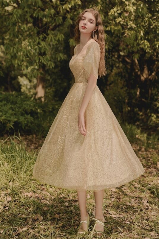 Gold Tea Length Dress with Flutter Sleeves