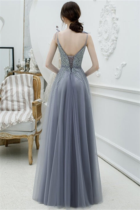 Gorgeous Spaghetti Straps Grey Tulle Long Formal Dress