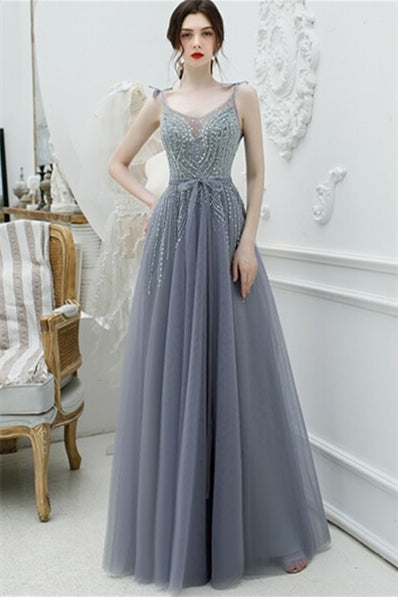 Gorgeous Spaghetti Straps Grey Tulle Long Formal Dress