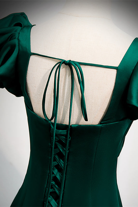 Square Short Sleeves A-Line Satin Party Prom Dress Hunter Green / US 8