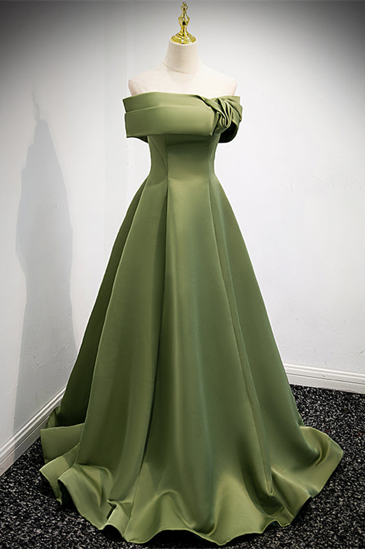 Casual Satin A-Line Off-Shoulder Green Party Evening Dress Green / US 12