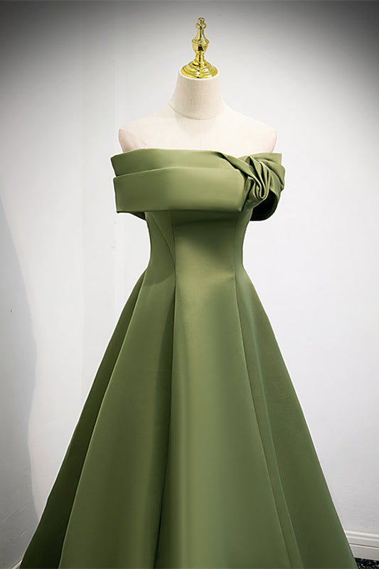 Green Off-the-Shoulder Rose-Shaped Pleated Long Formal Dress