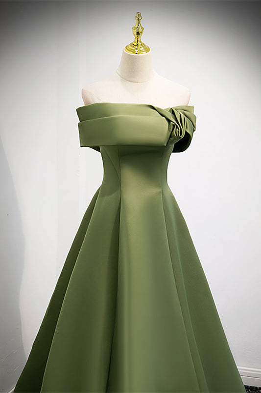 Casual Satin A-Line Off-Shoulder Green Party Evening Dress Green / US 8 Casual Satin A-Line Off-Shoulder Green Party Evening Dress Green / US 8