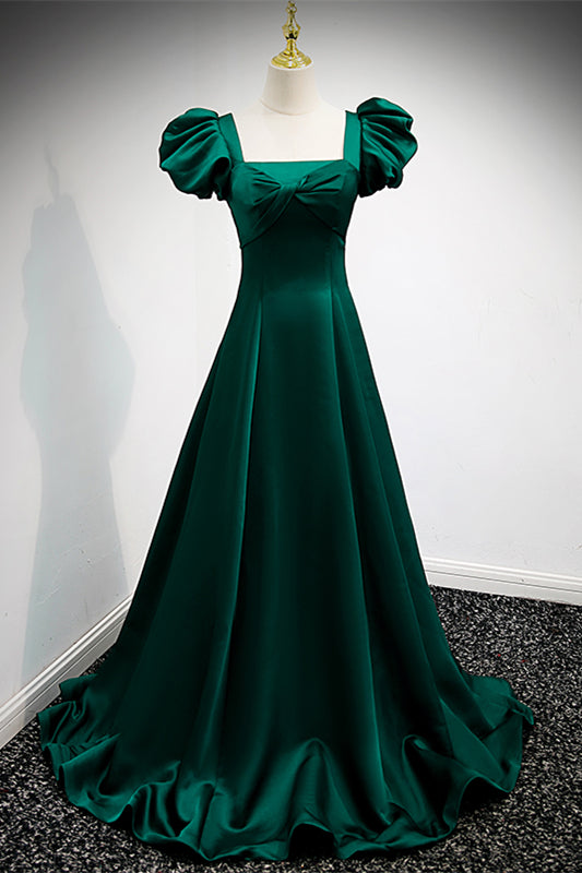 Hunter Green Square Neck Puff Sleeves Bow Tie Back Satin Long Formal Dress