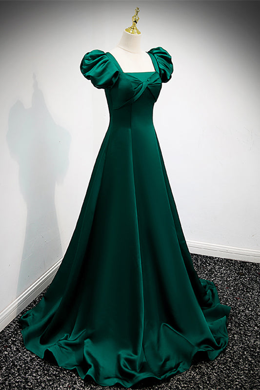 Hunter Green Square Neck Puff Sleeves Bow Tie Back Satin Long Formal Dress