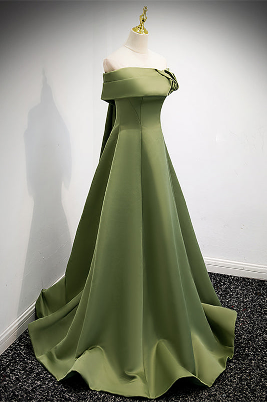 Casual Satin A-Line Off-Shoulder Green Party Evening Dress Green / US 12