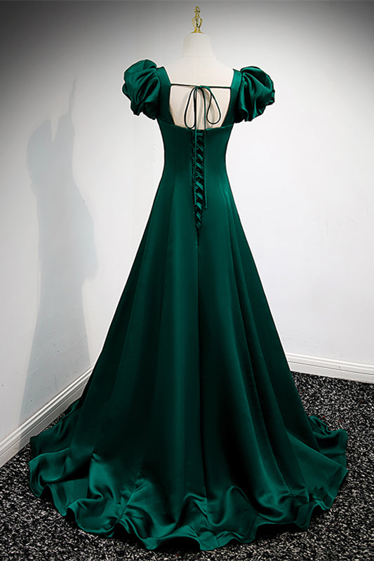 Hunter Green Square Neck Puff Sleeves Bow Tie Back Satin Long Formal Dress