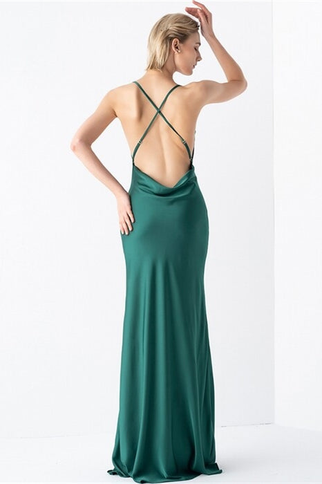 Spaghetti Straps Backless Satin Long Party Evening Dress