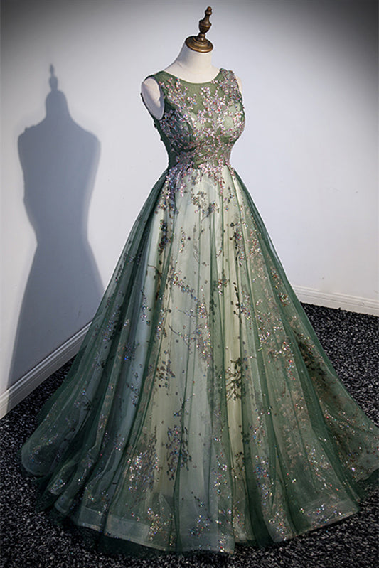 Green Illusion Neck Sleeveless Sequins-Embroidered Long Formal Dress