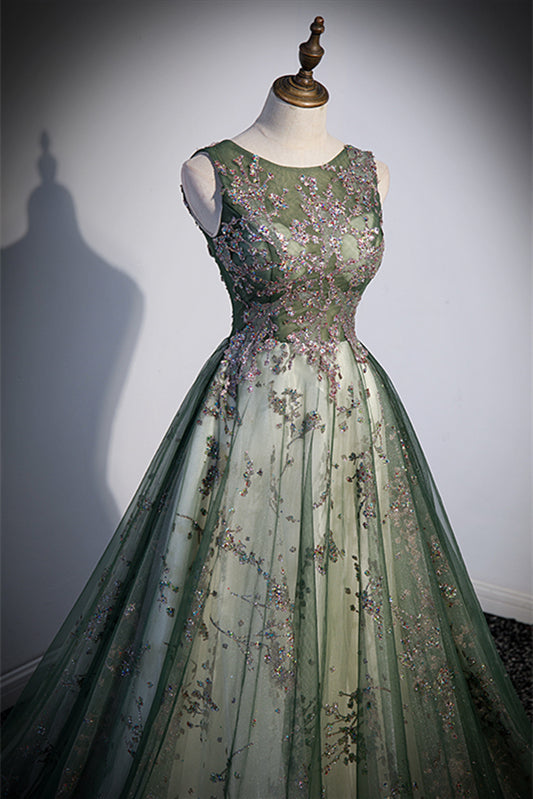 Green Illusion Neck Sleeveless Sequins-Embroidered Long Formal Dress