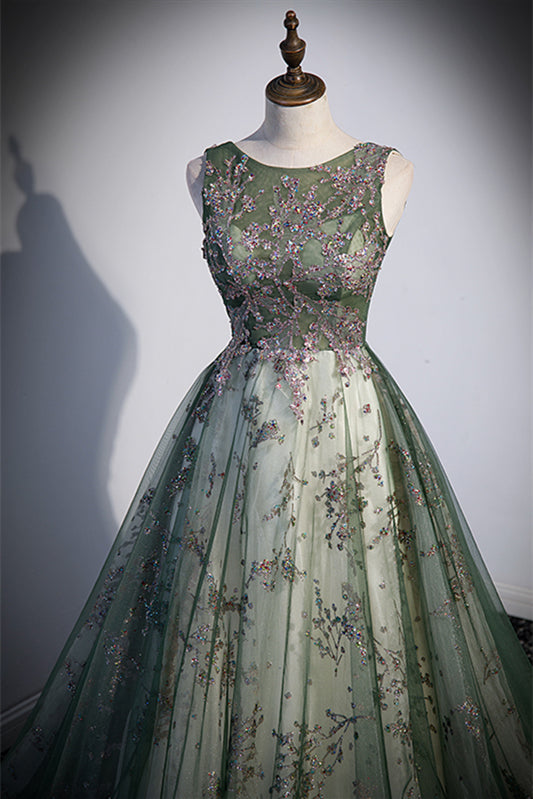 Green Illusion Neck Sleeveless Sequins-Embroidered Long Formal Dress