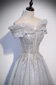 Grey A-line Off-the-Shoulder Applique Beaded Lace-Up Long Formal Dress