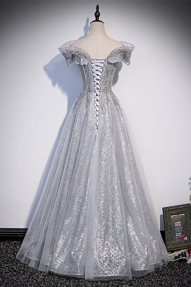 Grey A-line Off-the-Shoulder Applique Beaded Lace-Up Long Formal Dress