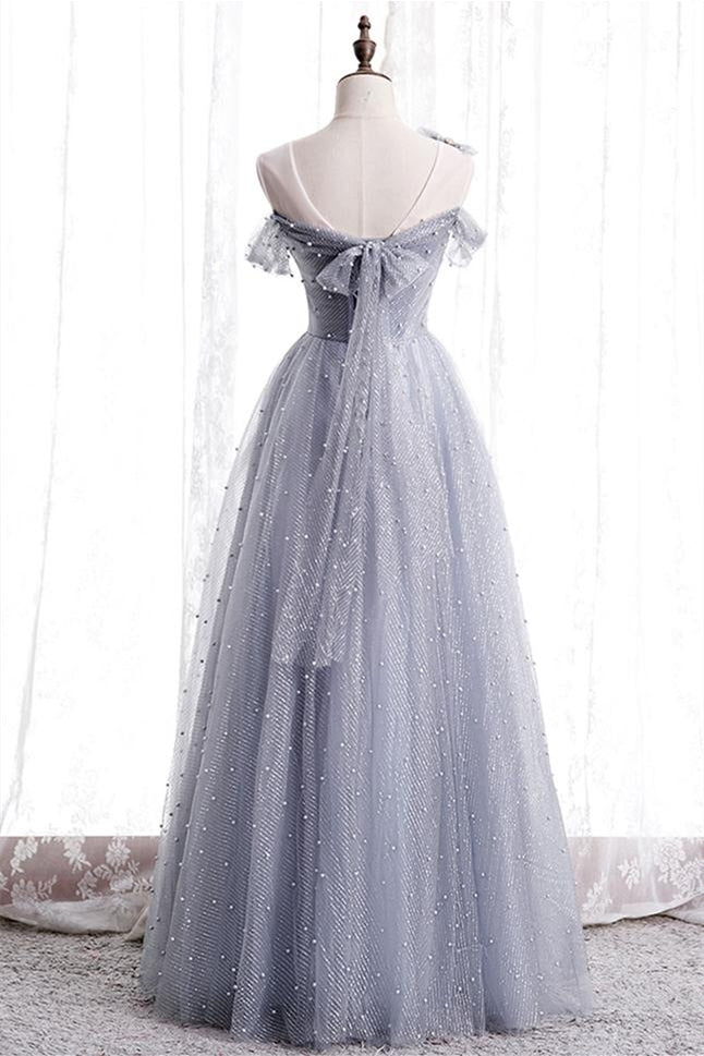 Grey A-line Off-the-Shoulder Pearl Beaded Appliques Long Formal Dress