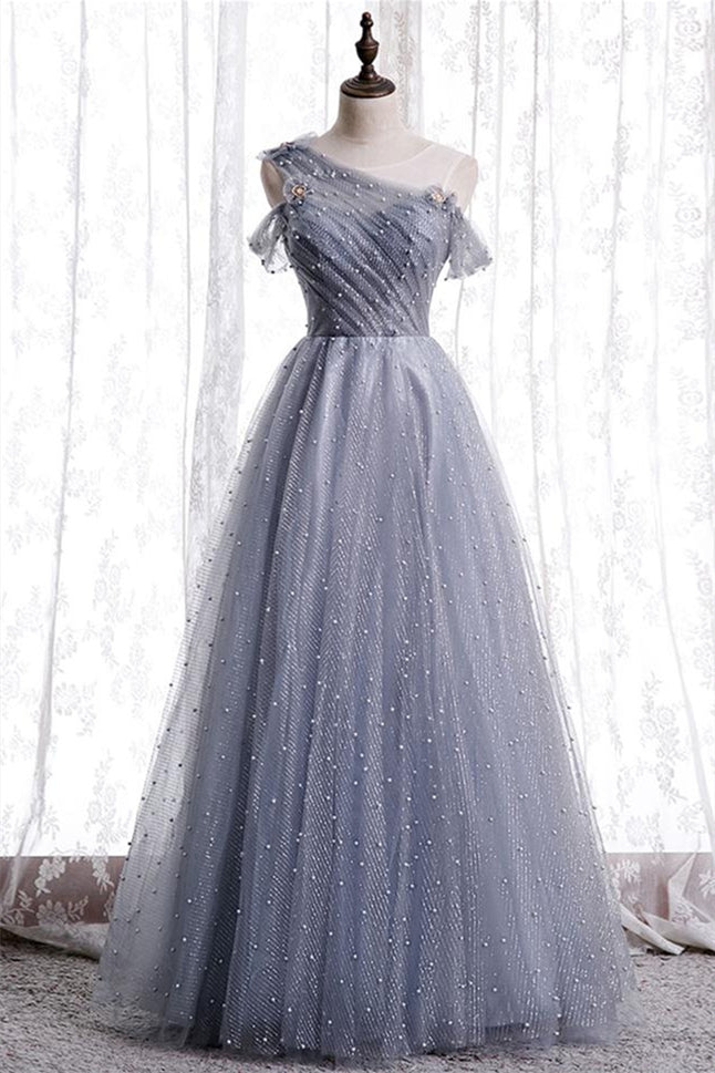 Grey A-line Off-the-Shoulder Pearl Beaded Appliques Long Formal Dress