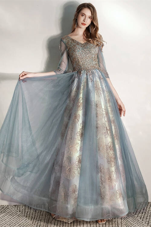 Half Sleeves Blue and Gold Long Prom Dress