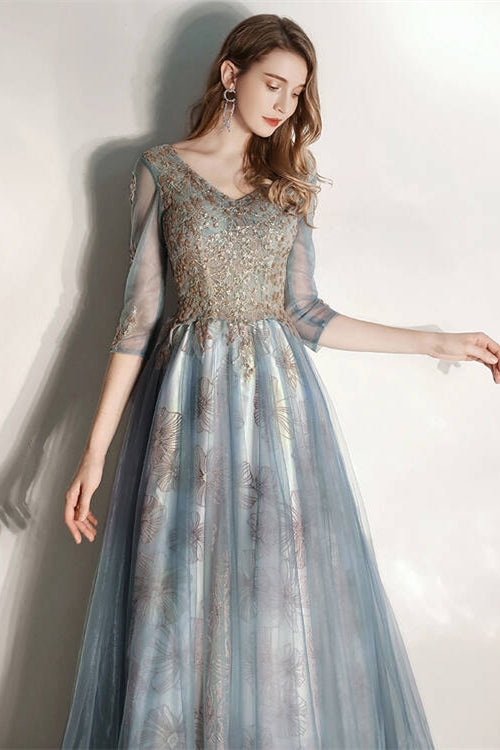 Half Sleeves Blue and Gold Long Prom Dress