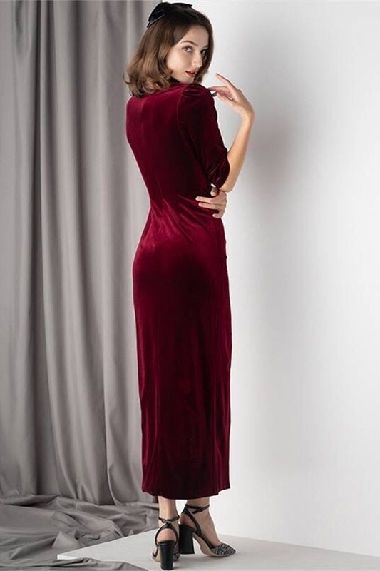 Half Sleeves Burgundy Velvet Midi Dress