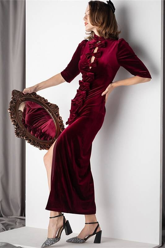 Half Sleeves Burgundy Velvet Midi Dress