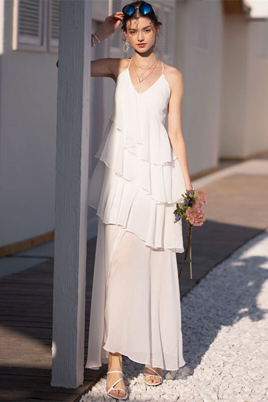 Halter White Tiered Chiffon Maxi Dress White / US 4