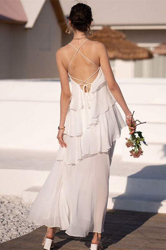 Halter White Tiered Chiffon Maxi Dress White / US 4