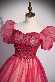 Hot Pink Sweetheart Puff Sleeves Beaded Bow Tie Back Long Formal Dress