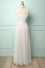 Ivory A-line Illusion Lace Neck Chiffon Long Bridesmaid Dress