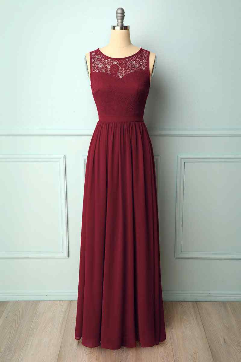Pomegranate A-line Illusion Lace Neck Chiffon Long Bridesmaid Dress