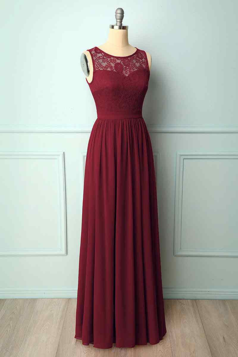 Pomegranate A-line Illusion Lace Neck Chiffon Long Bridesmaid Dress