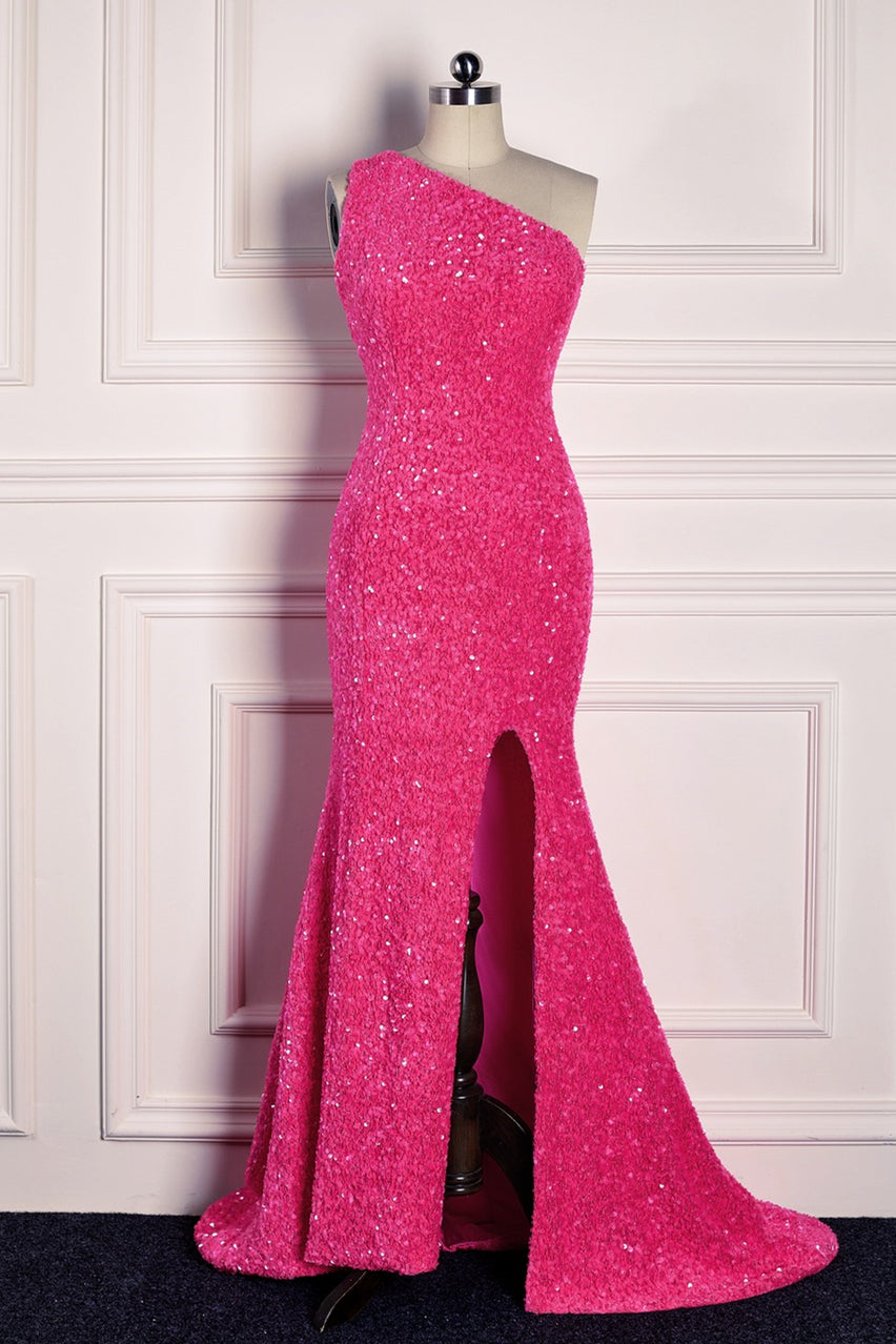 Fuchsia Mermaid One Shoulder Sparkly Long Formal Dress