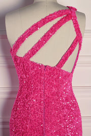 Fuchsia Mermaid One Shoulder Sparkly Long Formal Dress