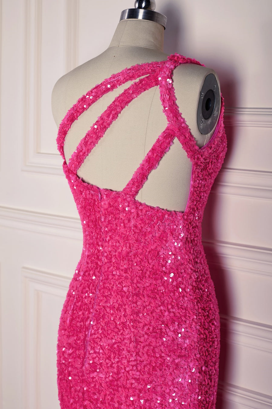 Fuchsia Mermaid One Shoulder Sparkly Long Formal Dress