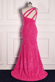 Fuchsia Mermaid One Shoulder Sparkly Long Formal Dress