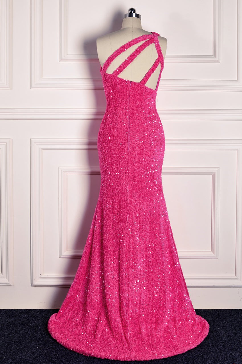 Fuchsia Mermaid One Shoulder Sparkly Long Formal Dress