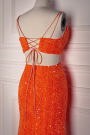 Orange Mermaid Spaghetti Straps Sparkly Two-Piece Long Formal Dress