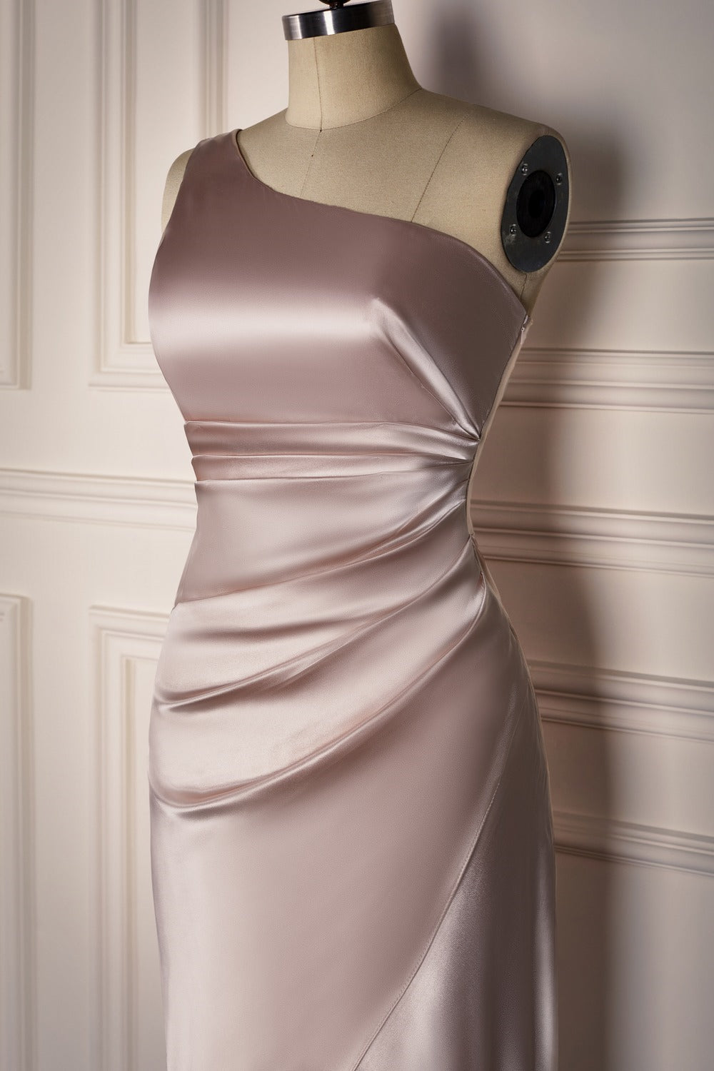 Champagne One Shoulder Satin Faux-Wrap Long Bridesmaid Dress