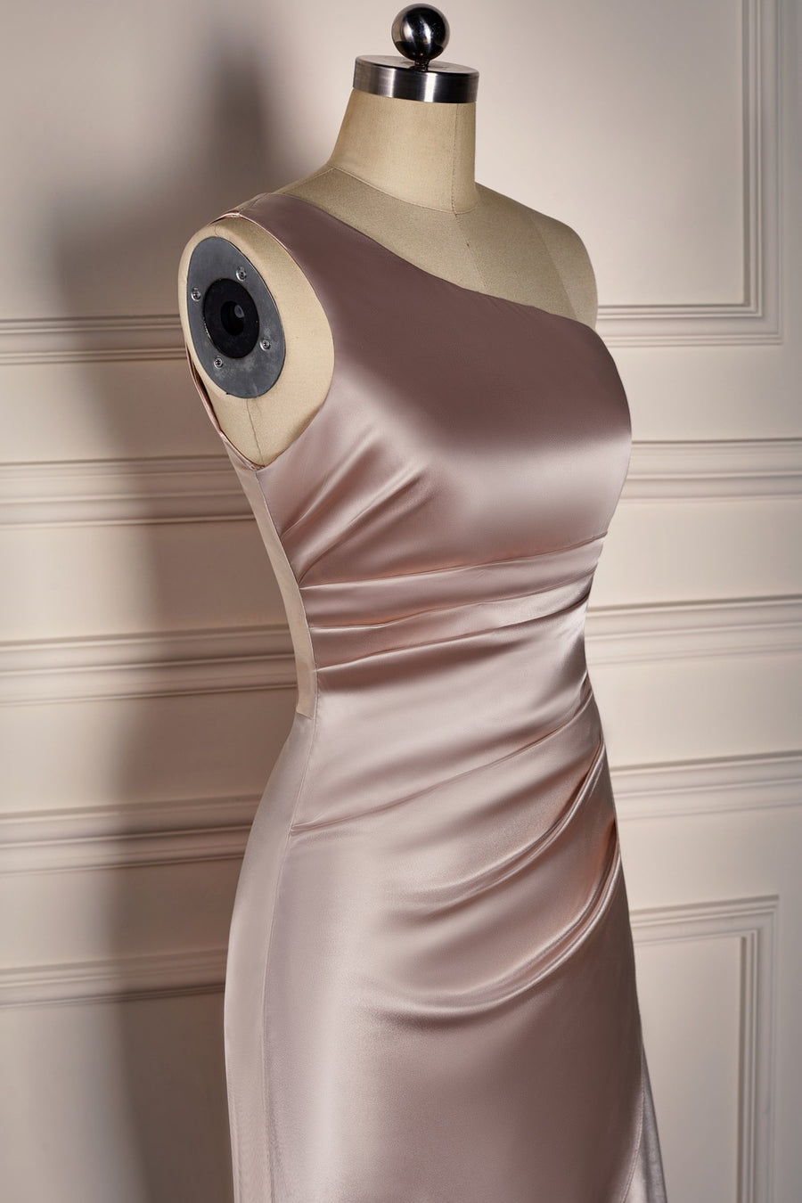 Champagne One Shoulder Satin Faux-Wrap Long Bridesmaid Dress Champagne Rose / US 12 Champagne One Shoulder Satin Faux-Wrap Long Bridesmaid Dress Champagne Rose / US 12