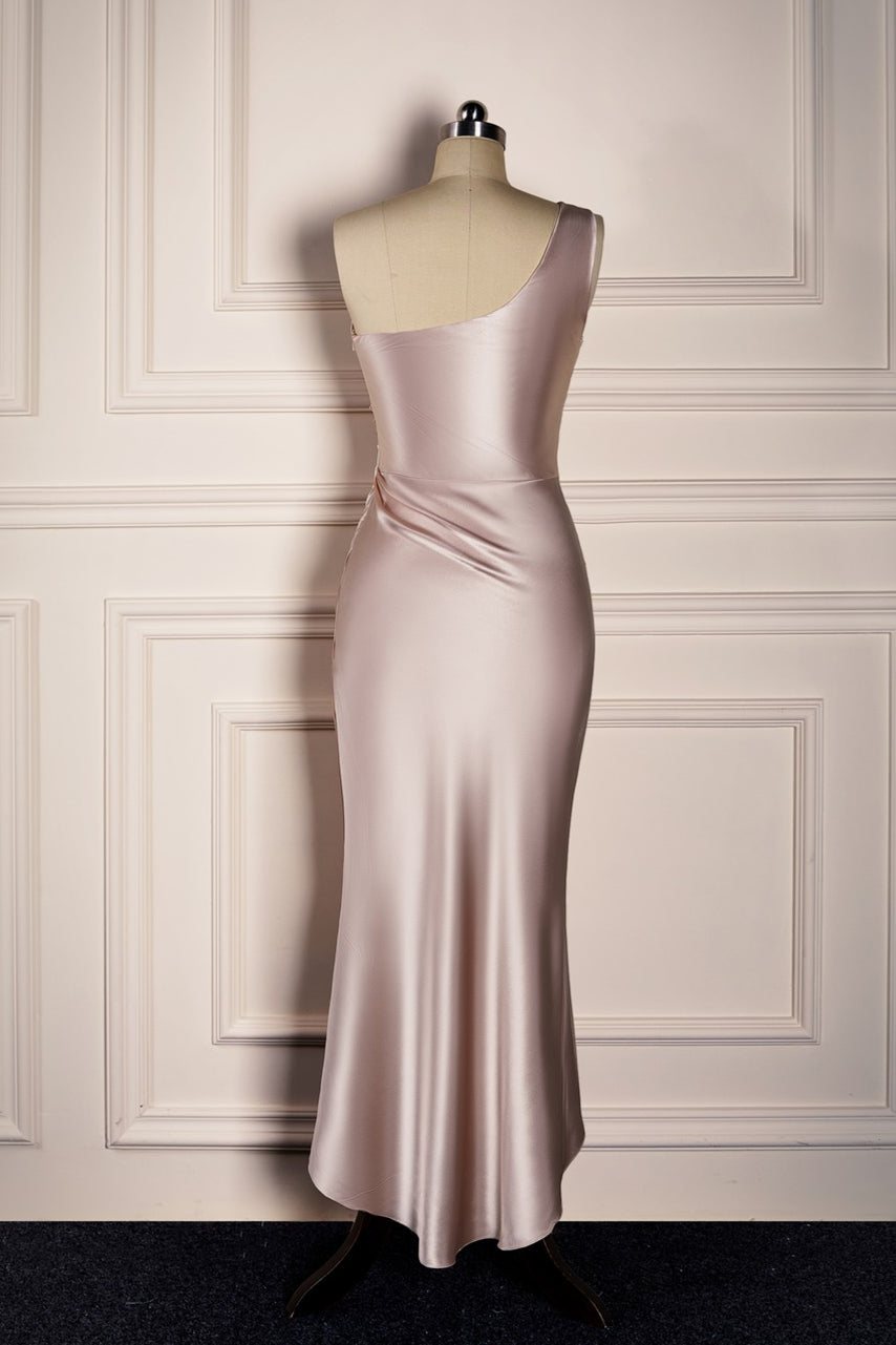 Champagne One Shoulder Satin Faux-Wrap Long Bridesmaid Dress