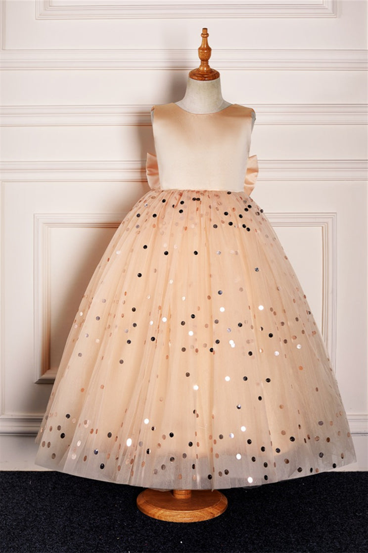 Champagne Jewel Tulle Sparkly Long Flower Girl Dress
