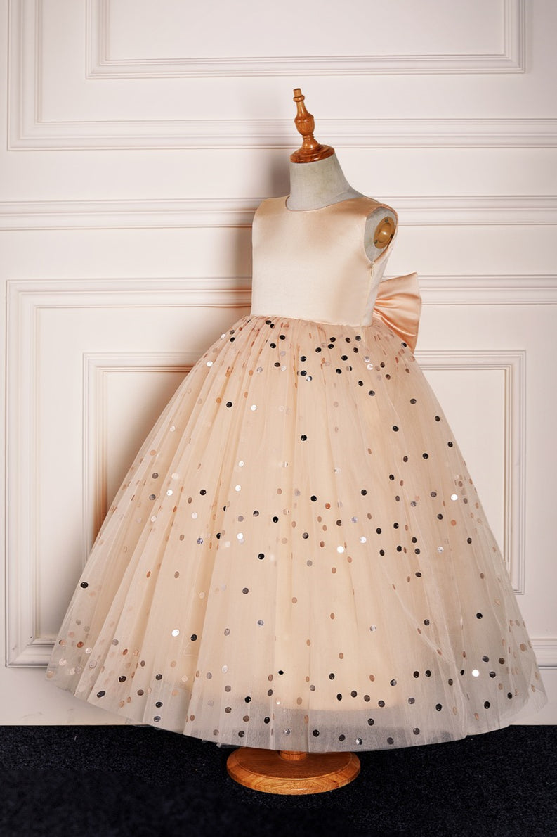 Champagne Jewel Tulle Sparkly Long Flower Girl Dress