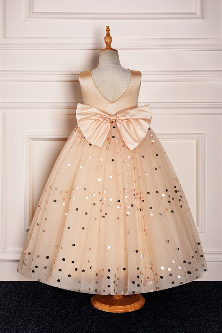Champagne Jewel Tulle Sparkly Long Flower Girl Dress