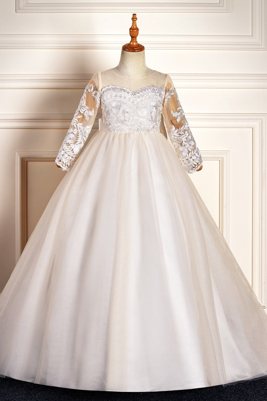 Ivory Long Sleeves Tulle Lace Long Flower Girl Dress